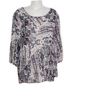 Maurice's Womens Tunic Top Size XL Criss Cross Back Sheer Geometric Hi low Hem